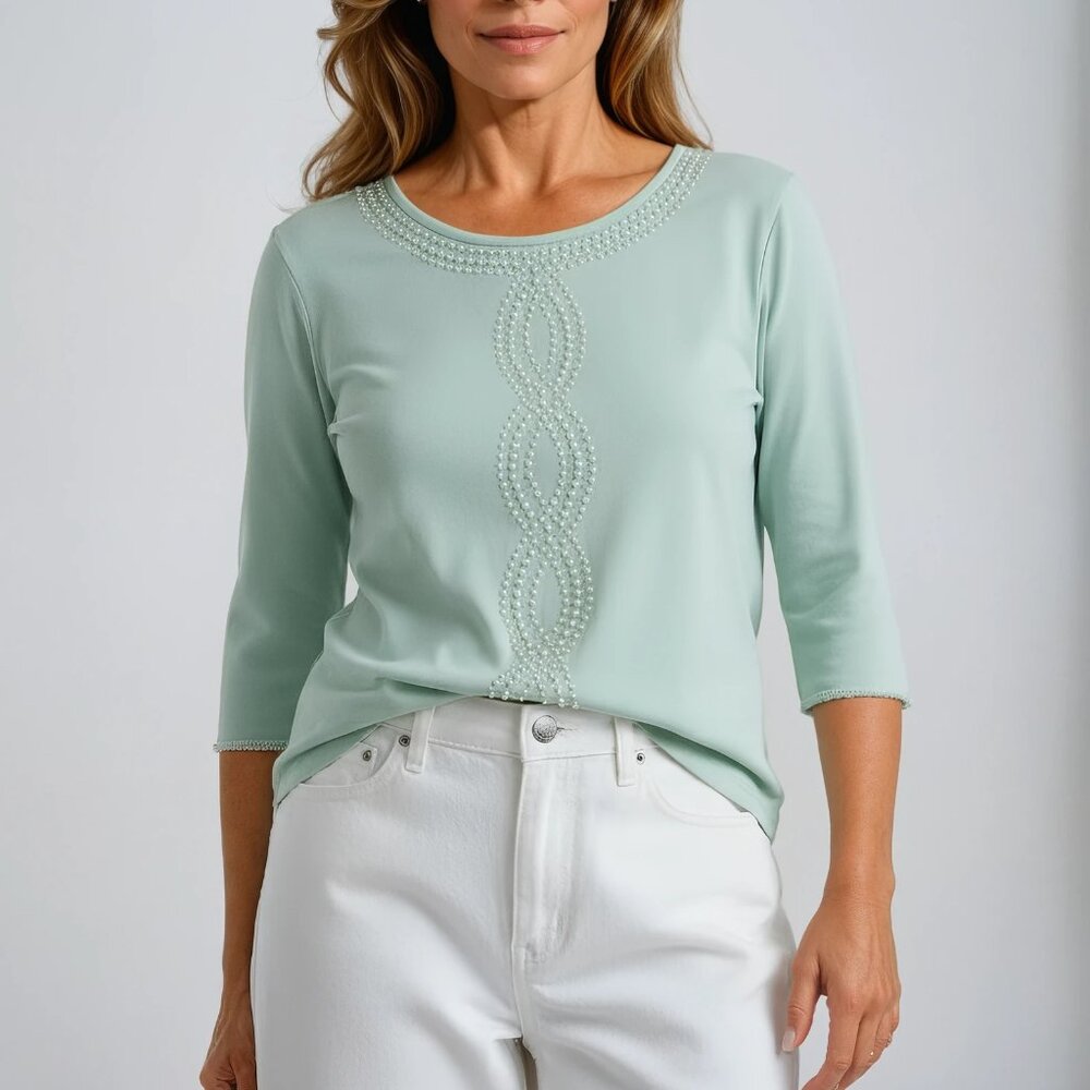 Alfred Dunner Lightweight Faux Pearl Studded Cotton Blend Top in Powder Blue